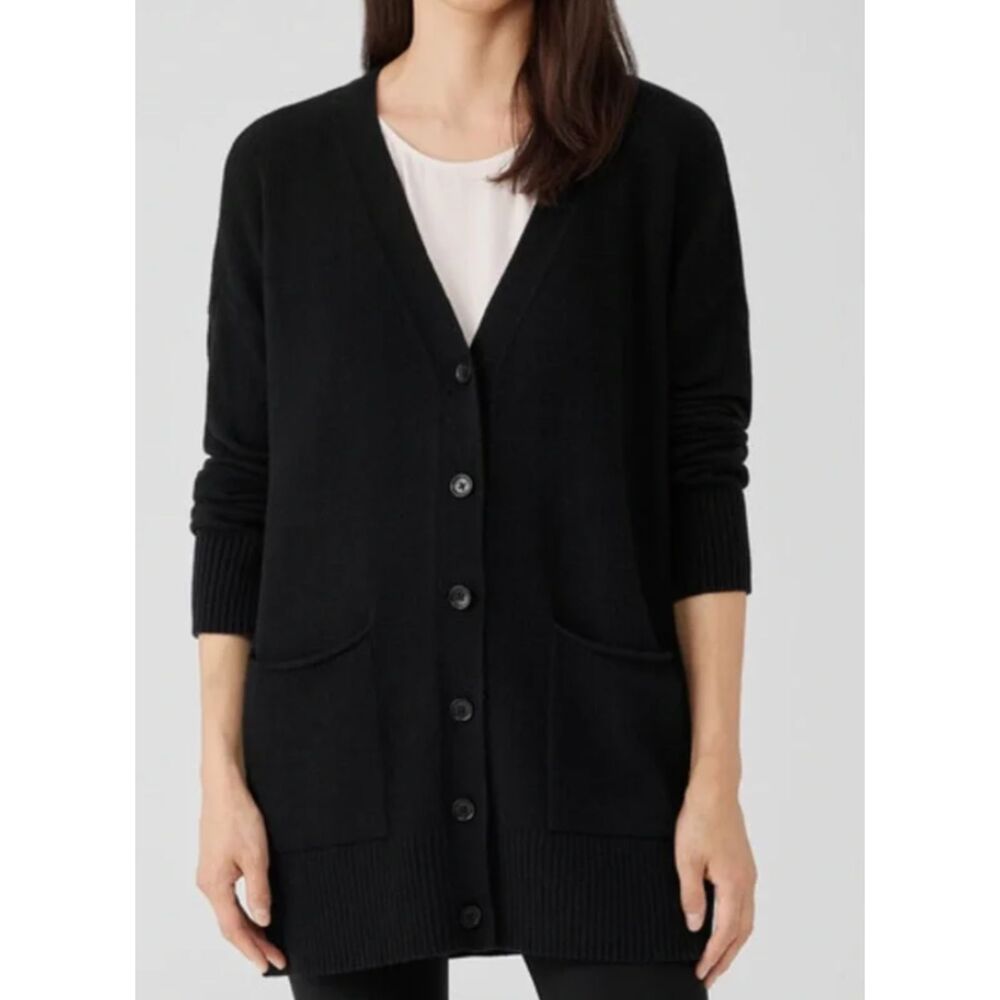 Eileen Fisher Cotton Cashmere Long Button Up Cardigan Black Size Medium